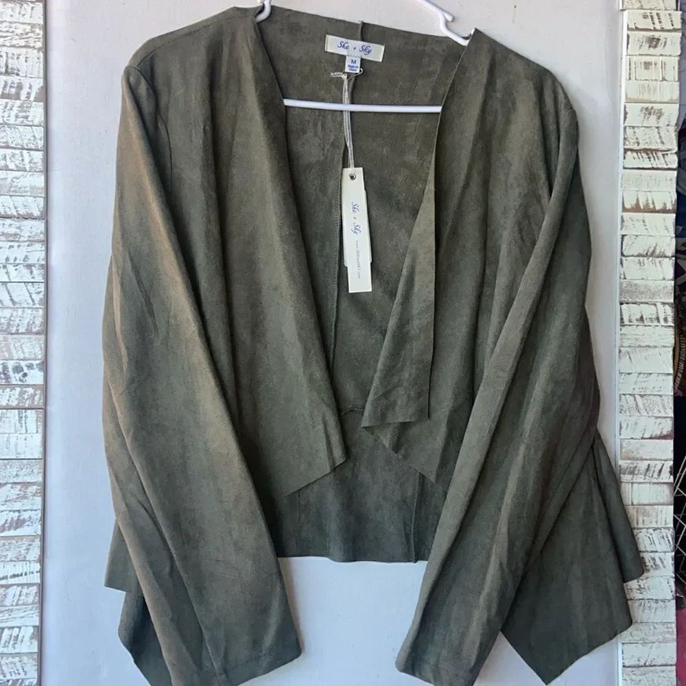 She+Sky Open Front Olive Green Faux Suede Coat Jacket Western Ladies Medium NWT
